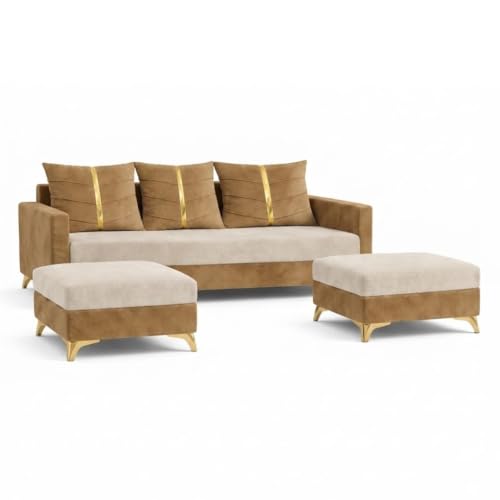Image of Caviar 5 Seater L Shape Sofa Set with 2 Movable Ottomans | Flexible Layout | Luxury Velvet Suede Fabric | Modern Living Room Sofa | Cream-Beige Color
