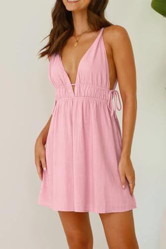Image of R.Vivimos Boho Dresses for Women 2026 Summer Sleeveless Sexy Deep V Neck Elastic Waist Sides Drawstring Tie Casual Mini Dress