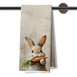 DAYOUER Vintage Easter Bunny Carrot Kitchen Dish Towels, Bunny Lover Gifts, Cute Spring Rabbit Decorative Hand Tea Towels for Bathroom Kitchen, 16x24 Inches