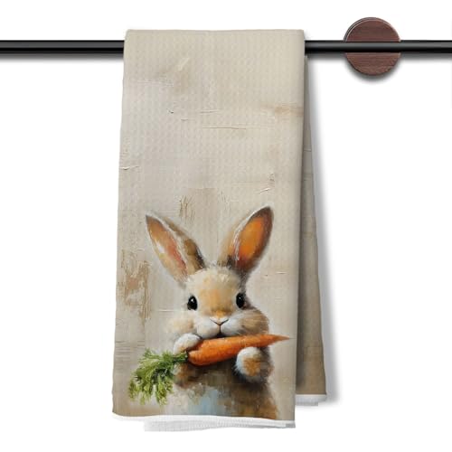 DAYOUER Vintage Easter Bunny Carrot Kitchen Dish Towels, Bunny Lover Gifts, Cute Spring Rabbit Decorative Hand Tea Towels for Bathroom Kitchen, 16x24 Inches