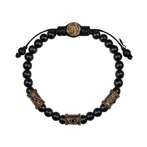 KARMA AND LUCK - Grounding Force - Triple Protection (Om, Hamsa & Evil Eye) Symbols Genuine Gemstones Macrame Bracelet for Men - Ready to Gift for Him. Size: Adjustable from 7
