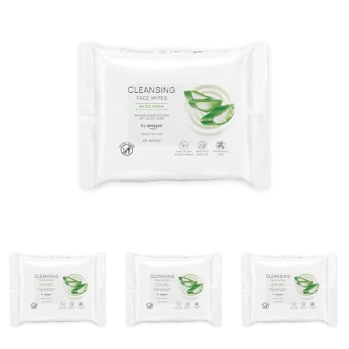 by Amazon Toallitas de limpieza facial con aloe vera, desmaquillante, sin fragancia, 25 toallitas (Paquete de 4)