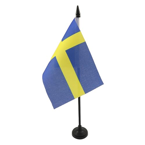 Image of Sweden Table Flag 4'' x 6'' - Swedish Desk Flag 15 x 10 cm - Black plastic stick and base - AZ FLAG