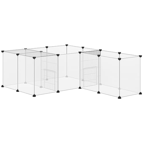 Pawhut Parque para Animales Pequeños de Bricolaje con 20 Paneles de Resina Valla para Conejos Jaula Modular para Cobayas Chinchillas 175x70x45 cm Blanco