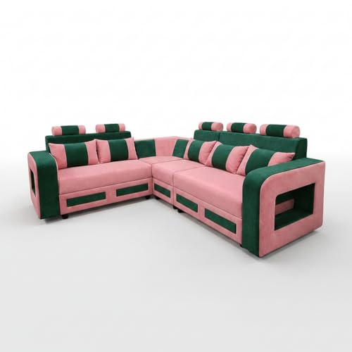 Image of APRODZ Wooden Sofa Set 6 Seater for Living Room, Solid Wood L Shape Sectional Sofa with Velvet Fabric Upholstery, Cushioned Seating for Home, Office & Lounge, Green & Pink
