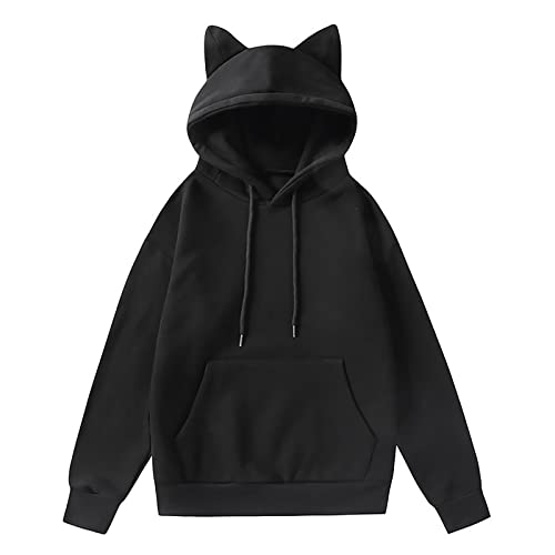 Genérico Abrigo de Oreja de Gato para Mujer Sudadera con Capucha Informal Ropa de Alumno Top Suelto de Color Liso Jersey con Capucha de Manga Larga para Cordón Calle Ropa de Moda