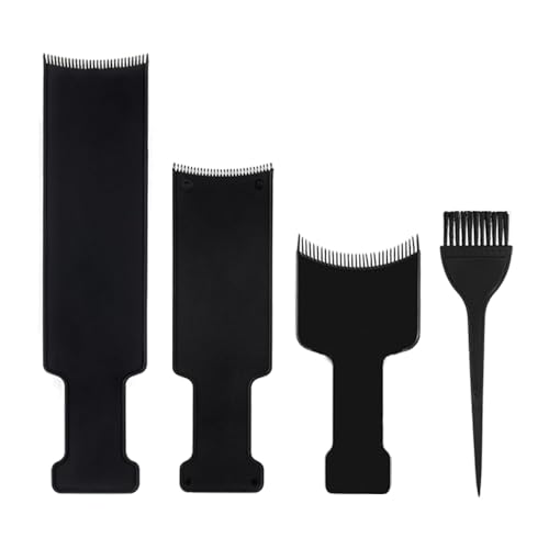 4 PCS Hair Dye Paddle Black Flat Top Comb Board Set Professional Highlighting Board with Teeth Hair Coloring Brushes for Barber and Home DIY Hair Styling Tool