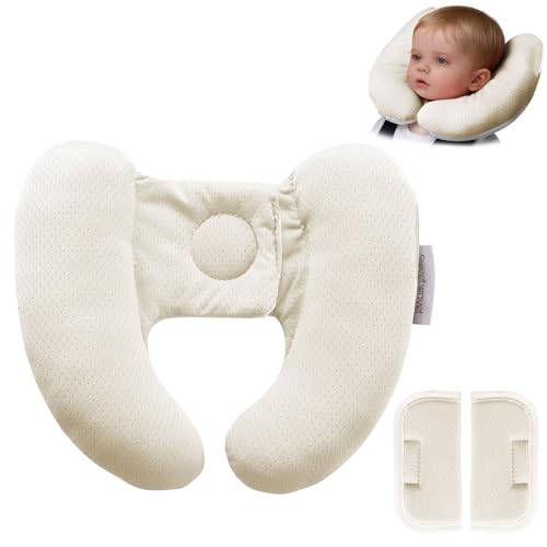 Sweetwavet Baby Neck Pillow for Car Seat and Stroller, Adjustable Baby Head Support Pillow for Travel, Soft and Cushiony Torticollis Pillows for Infant and Newborn (Beige)