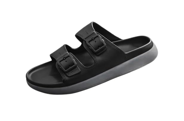 Men Black Comfort Sandals, Double Buckle Strap, EVA Material, Honeycomb Textured Sole, Casual Summer Waterproof Slides-picture-28