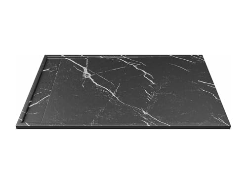 Vente-unique - Receveur de douche extra plat à poser ou à encastrer recoupable en résine SMC - Noir marbré - 140 x 90 cm - LYROSA