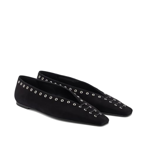 Women's Suede Ballet Flats Square Closed Toe Lace Up Loafers with Metal Buckle Decoration Casual Comfort Flat Shoes