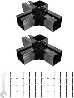 FMhotu 4x4 Pergola Brackets Kit, Glossy Black Steel 4 Way Right Angle Corner Bracket for 4x4 Wood Beams (Actual Size: 3.5×3.5inch), Post Base Brackets for Pergola/Gazebo (2PCS)