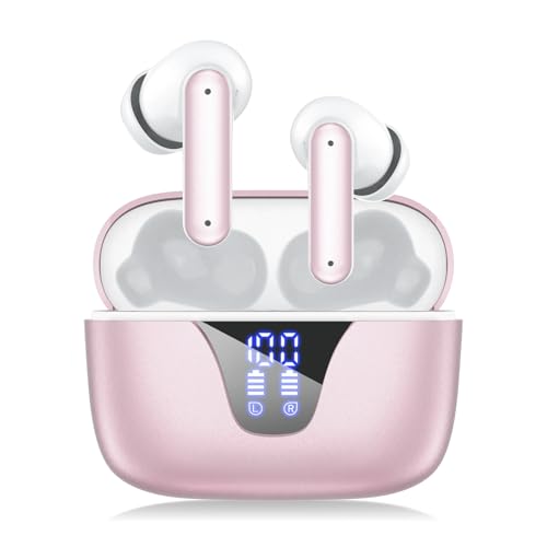 Nequga Wireless Earbuds Bluetooth Headphones 50H Playtime Ear Buds with Mic LED Digital Display Charging Case IPX7 Waterproof Deep Bass Stereo in-Ear Earphone for iPhone Andriod Phone - Rosegold