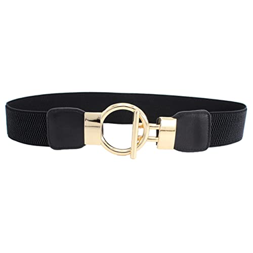 Hemoton PU Wide Elastic Waist Cinch Belt for Women with Golden Round Pin Buckle Solid Stretch Waistband Fashion Accessory for Dresses Jeans Trousers Black