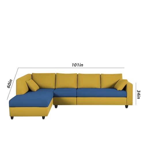 Image of Florian LHS 6 Seater L Shape Sofa Set for Living Room (Blue Yellow Fabric) Premium Fabric Sofa