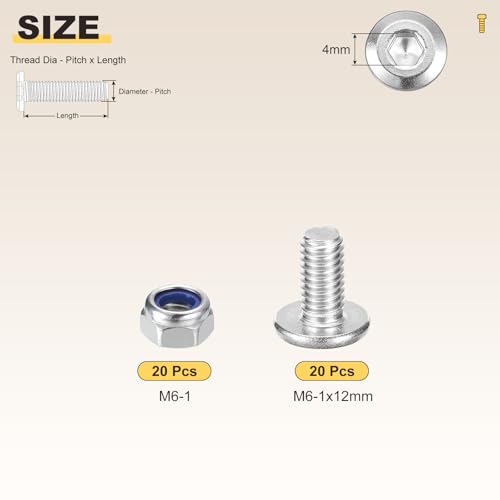 Image of METALLIXITY Crib Screws Replacement Set(M6-1x12) 40Pcs, Silver Tone, 304 Stainless Steel Hex Socket Screws with Lock Nuts - for Furniture Woodworking Project, Silver Tone