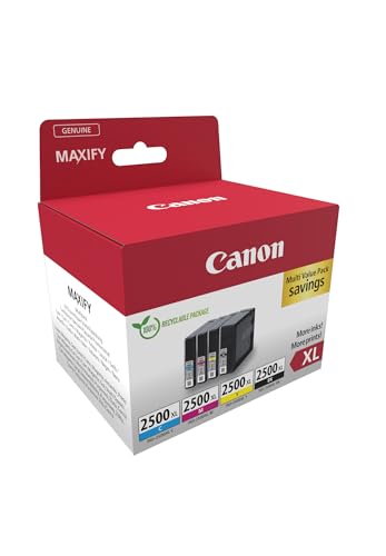 Canon PGI-2500 XL C M Y BK Vorteilspack 4 Tintenpatronen größere Reichweite XL (Schwarz XL, Cyan XL, Magenta XL, Gelb XL) Original [Umweltfreundliche Recycle-Kartonverpackung 2024]