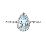 Stfery Aquamarine Engagement Rings 18 Kt Gold, Classic Teardrop Halo Ring Women Wedding Band with Pear Aquamarine 0.7ct and Pave Diamonds White Gold 18 Karat Size H 1/2