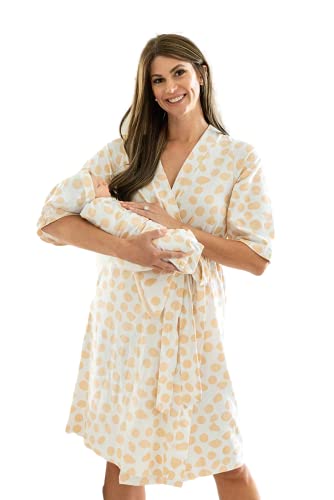 Image of Baby Be Mine Maternity Mommy & Me Delivery Robe with Matching Baby Swaddle Blanket & Hat Set (Eden, S/M pre pregnancy 2-10)