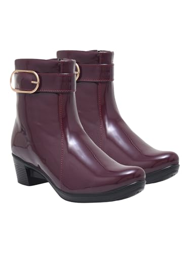 Image of Shoetopia Women's Ankle Boots with Low Heel & Gold Buckle - Stylish Slip-Resistant Zip-Up Short Boots for Casual & Party Footwear