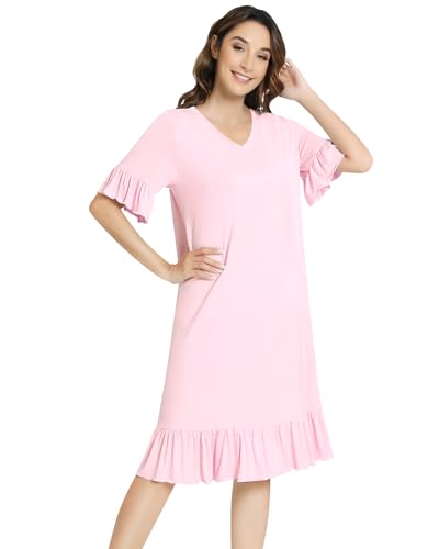 Image of NACHILA Bamboo Viscose Nightgowns for Women Short Sleeve V Neck Sleepwear