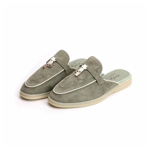 XOBZJH Sapatilhas femininas de designer de salto plano - Sapatilhas de couro de camurça com detalhe de borla, mocassins confortáveis sem cadarço, sem costas, sapatos casuais e de trabalho, Verde