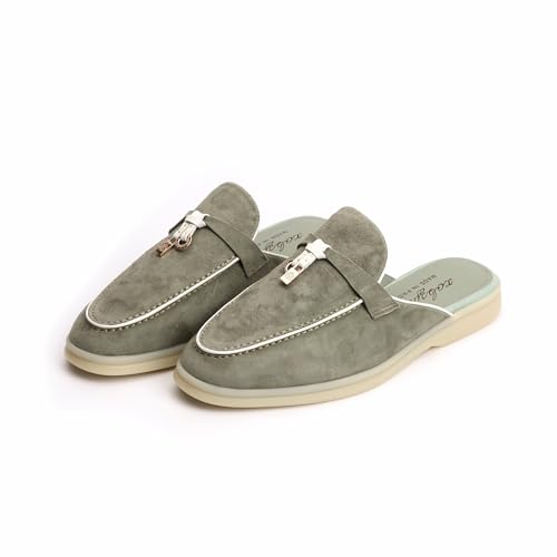 Image of XOBZJH Designer Women's Mules Flat Heel - Suede Leather Flats with Tassel Detail, Comfortable Slip-On Backless Loafers,Casual & Work Shoes