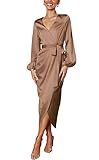 Womens Wedding Guest Dress V-Neck Long Sleeve Tie Waist Split Formal Dress Brown M