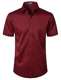 JEMITOP Men's Short Sleeve Dress Shirts Casual Business Formal Slim Fit Stretch Wrinkle Free Button Down Shirt Burgundy XL