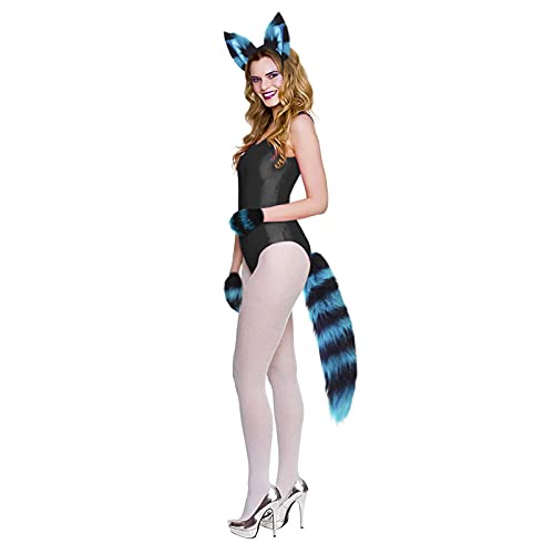 Cat Wolf Fox Tail Faux Fur Ear Headband And Paw Gloves Set For Adult Children Halloween Christmas Fancy Party Costume Gifts Animal Cosplay Accessories (Blue-Black) #TOP1