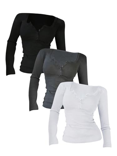 SOLY HUX Women's Long Sleeve Henley Shirts 3 Packs Fitted Tops Tees | Button Up Shirt, Y2k, Scoop Neck, Slim Fit, Tunic Tops