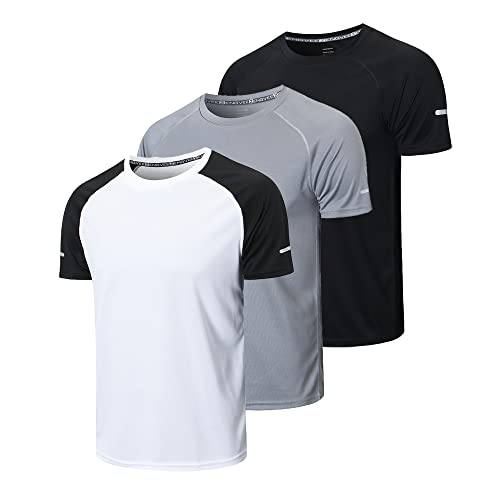 frueo 3 Pack Running Shirts Men Dry-Fit Sport Tops for Men Comfort Workout Shirts Moisture Wicking Active Athletic Shirts Short Sleeve Tops(5286) Black Gray White-L