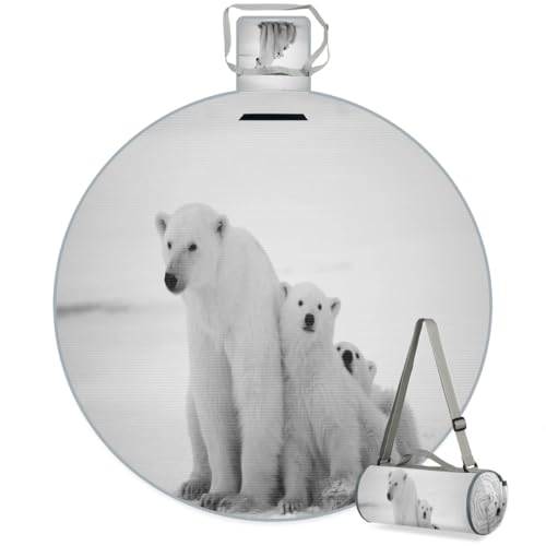 Shimoshe Polar Bear with Cubs Picnic Outdoor Blanket Foldable Waterproof Sandproof Beach Blanket Portable Water-Resistant Round Picnic Mat for Travel Camping Park Lawn