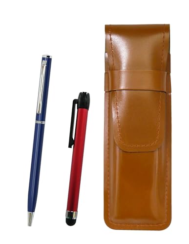 スリム牛革ペンケース茶 メタルタッチ棒赤とスリム回転式ボールペンセット 青 ASC-ALR-PD04-L