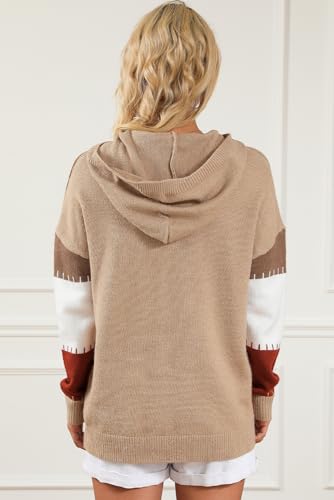 Women's Cozy Brown Color Block Kangaroo Pocket Hooded Sweater3