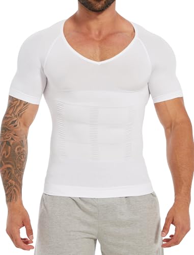 MISS MOLY Shapewear - Camiseta de compresión para hombre, moldeadora de figura, cintura elástica, moldeadora para hombre, ropa interior funcional para el vientre, Blanco, 3XL