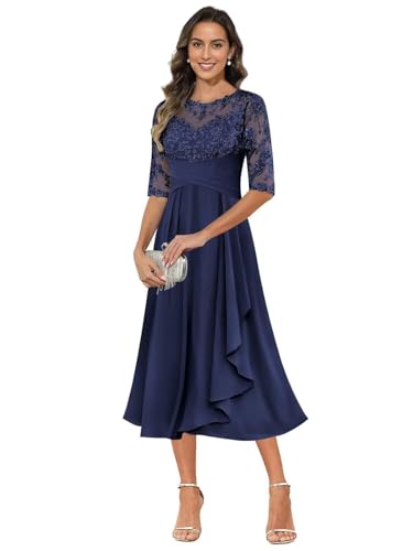 Mother of The Bride Dresses Lace Appliques Chiffon Half Sleeve Pleated Tea Length Mother of Groom Dresses for Women