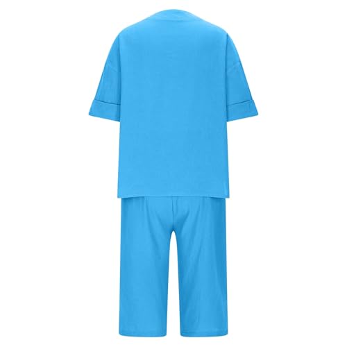 Women's Two Piece Lounge Cotton Linen Matching Sets Summer Casual Short Sleeve V Neck Tops Bermuda Shorts 2 Piece4
