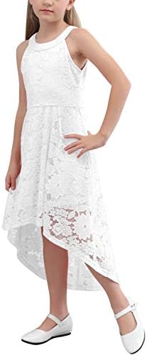 GORLYA Girl's Elegant Halter Neck Floral Lace Hi-Lo Flower Girl Birthday Party Dress for 4-14T Kids (GOR1027, 7-8Y, White)