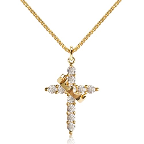 OOTDAY Crown Cross Necklace for Women 14K Gold Cross Necklace Diamond Gold Cross Necklaces Non-Tarnish Dainty Cross Necklaces Faith Simple Trendy Charm Jewelry Gifts for Women