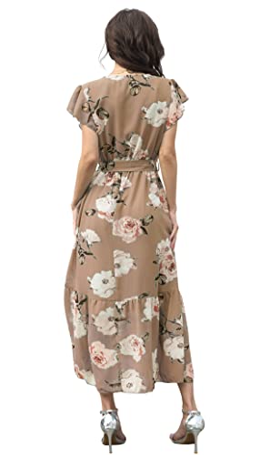 Image of VintageClothing Womens Sundress Casual Floral Summer Boho Dress | Flowy Wrap V Neck Ruffle A-Line Pleated Hem Midi Dresses