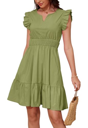 Image of Jayscreate Women's Ruffle Sleeve Layered Dress Pockets Elastic Waist 2025 V Neck Above Knee Summer Casual Cute Dress