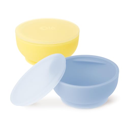 Image of Olababy 100% Silicone Suction Bowl with Lid Bundle for Independent Feeding Baby and Toddler (Lemon + Blueberry)