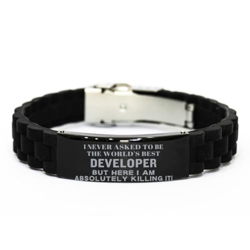 Inspirational Christmas Developer Gifts Black Glidelock Bracelet for Men, I never asked to be the world's best Developer but here I am killing it! Adjustable Developer Birthday Graduation Wristba