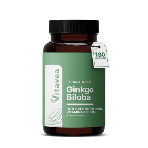 Ginkgo Biloba - 100mg Extracto 60:1 - Memoria y Concentración - 2 Meses | Apoyo Memoria y Circulación - Sinergia Ginkgo Biloba + Ginseng Siberiano - 180 Comprimidos - Vitavea