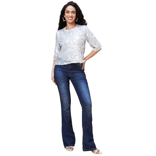 Image of Globus Women Black Embellished Round Neck Party Top-3639444001