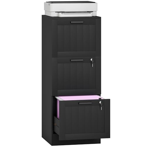 HOMCOM Cajonera Escritorio con 3 Cajones, Cajonera de Oficina, Mueble Archivador, con 2 Cerraduras, Riel Colgante para A4 y Carta, 40x40x101 cm, Negro