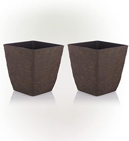 Alpine Corporation Indoor/Outdoor Stone-Look Squared Planter, Medium, Brown (Set of 2)