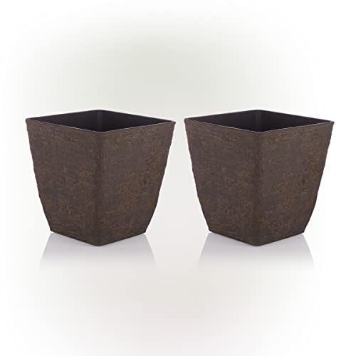 Alpine Corporation Indoor/Outdoor Stone-Look Squared Planter, Medium, Brown (Set Of 2) #TOP3