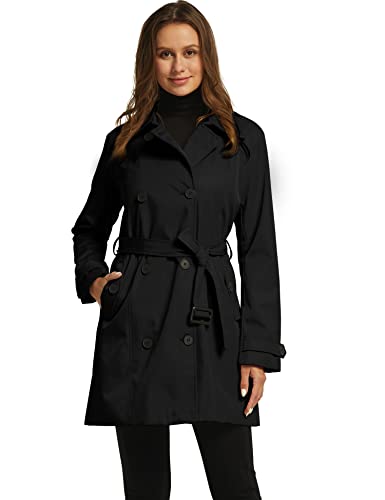 Wantdo Women Double Breasted Peacoat Long Trench Coat With Belt Black Medium #TOP2